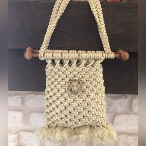 VINTAGE Macrame Bag Purse with Ceramic Lion Bead, 1970s, Quirky
